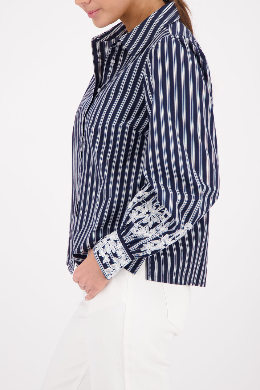 Striped Blouse with Lace Detail Navy
