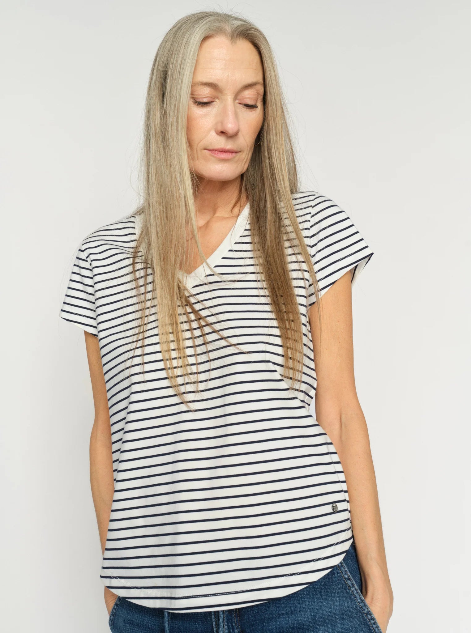 Kala V-SS Stripe Tee Navy