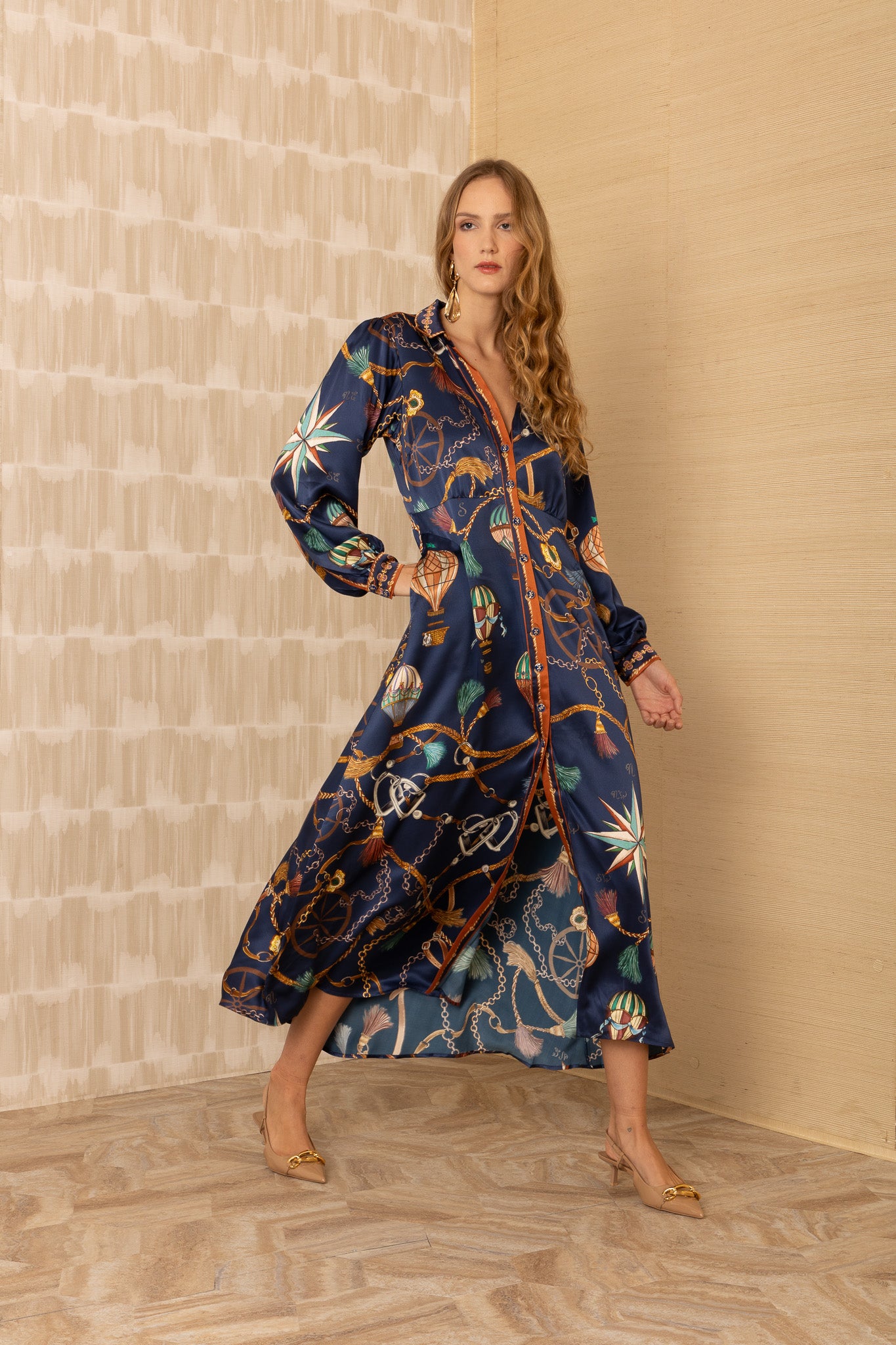 Lacey Button Down Midi Dress Navy