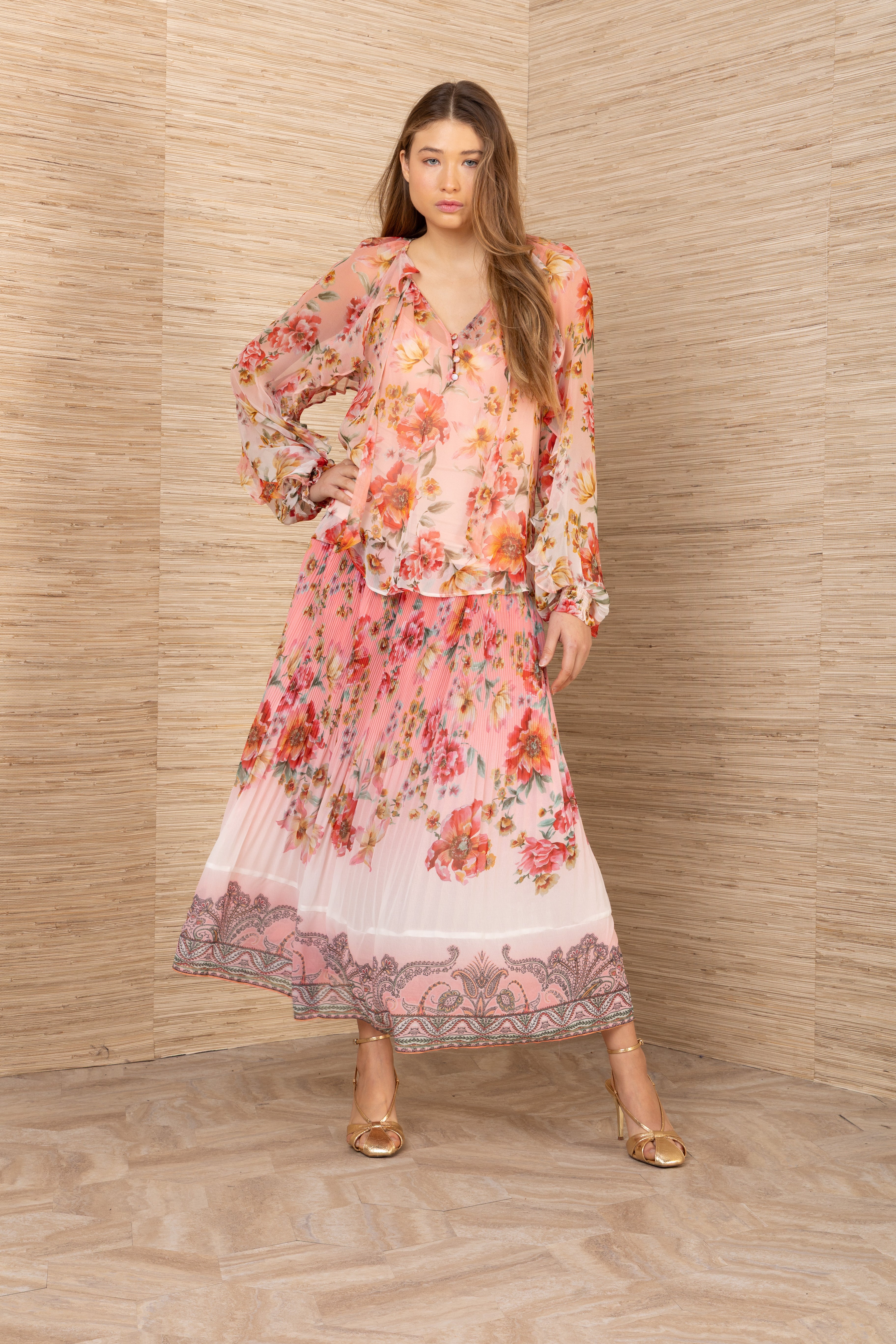 Rin Long Sleeve Ruffle Top Coral