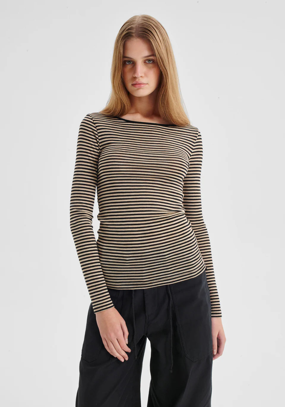 Morri Merino Stripe Round Neck Birch Black