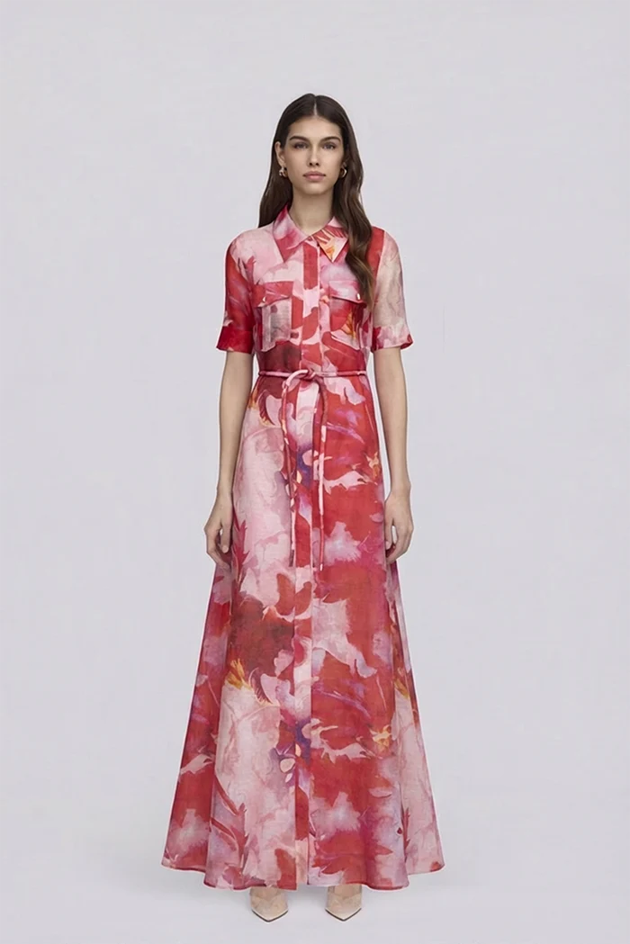 Ina Maxi Shirt Dress Pink Red Floral
