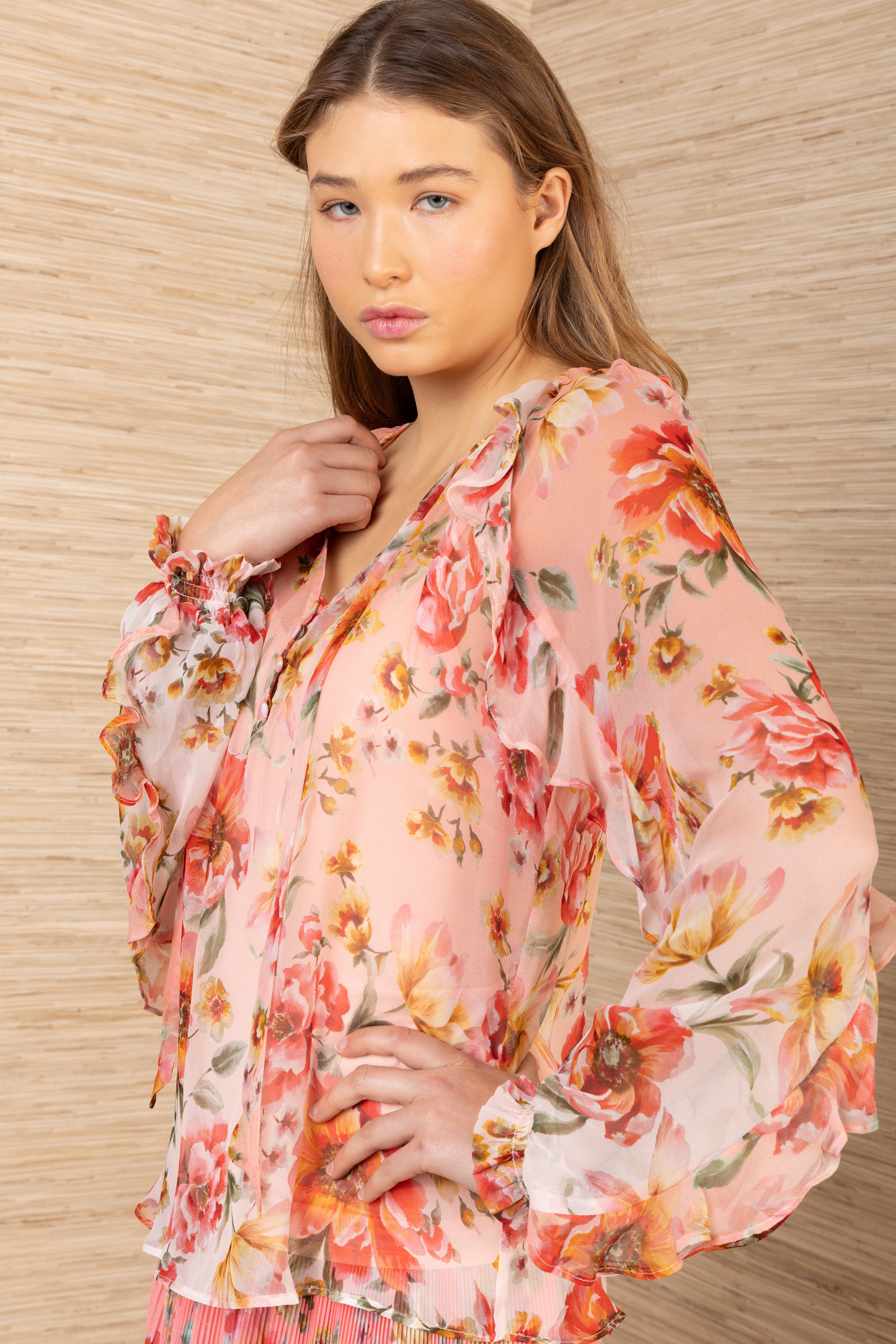 Rin Long Sleeve Ruffle Top Coral
