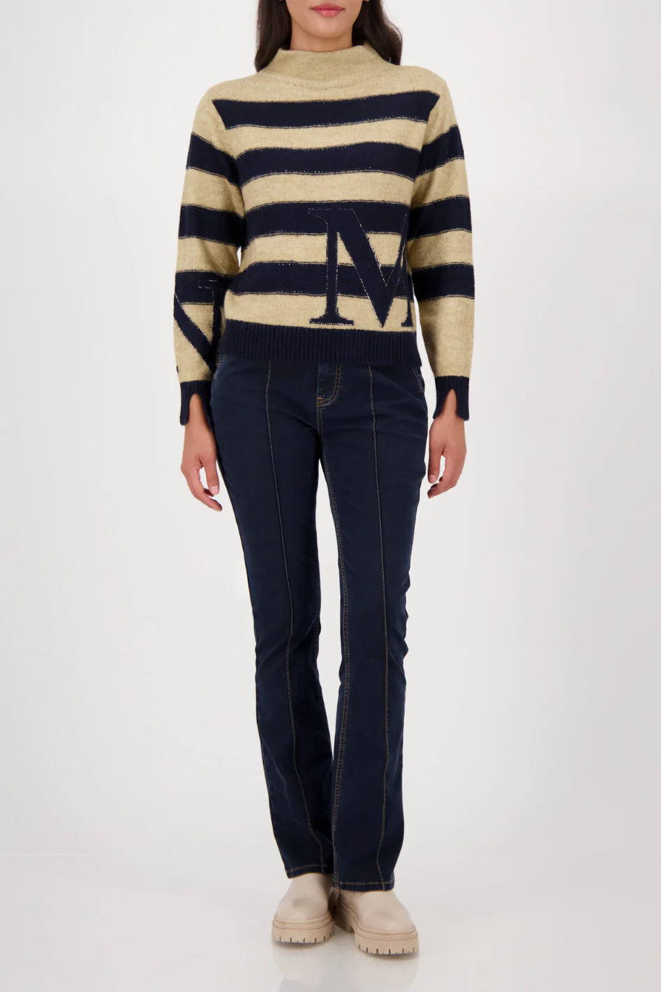 Monari Stripe Logo Knit Pullover - Camel/Navy