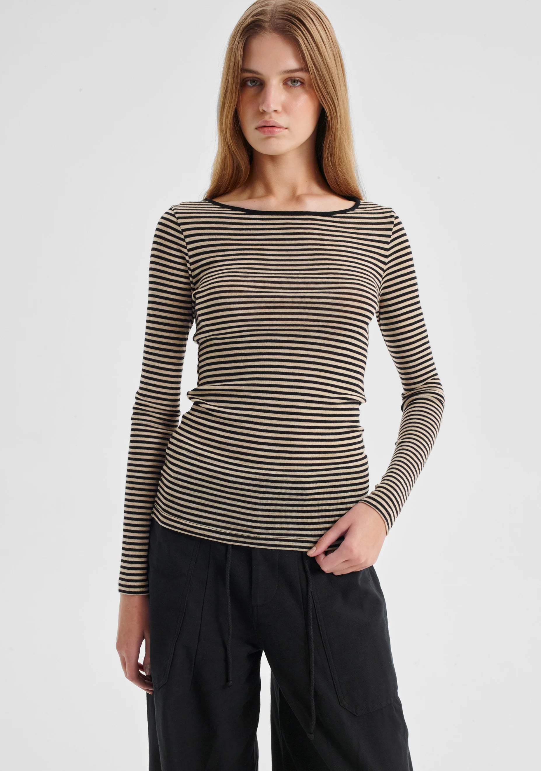 Morri Merino Stripe Round Neck Birch Black