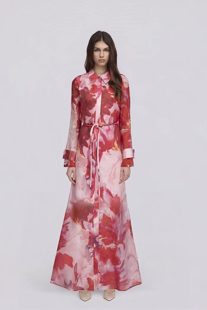 Louna Maxi Shirt Dress Pink Red Floral