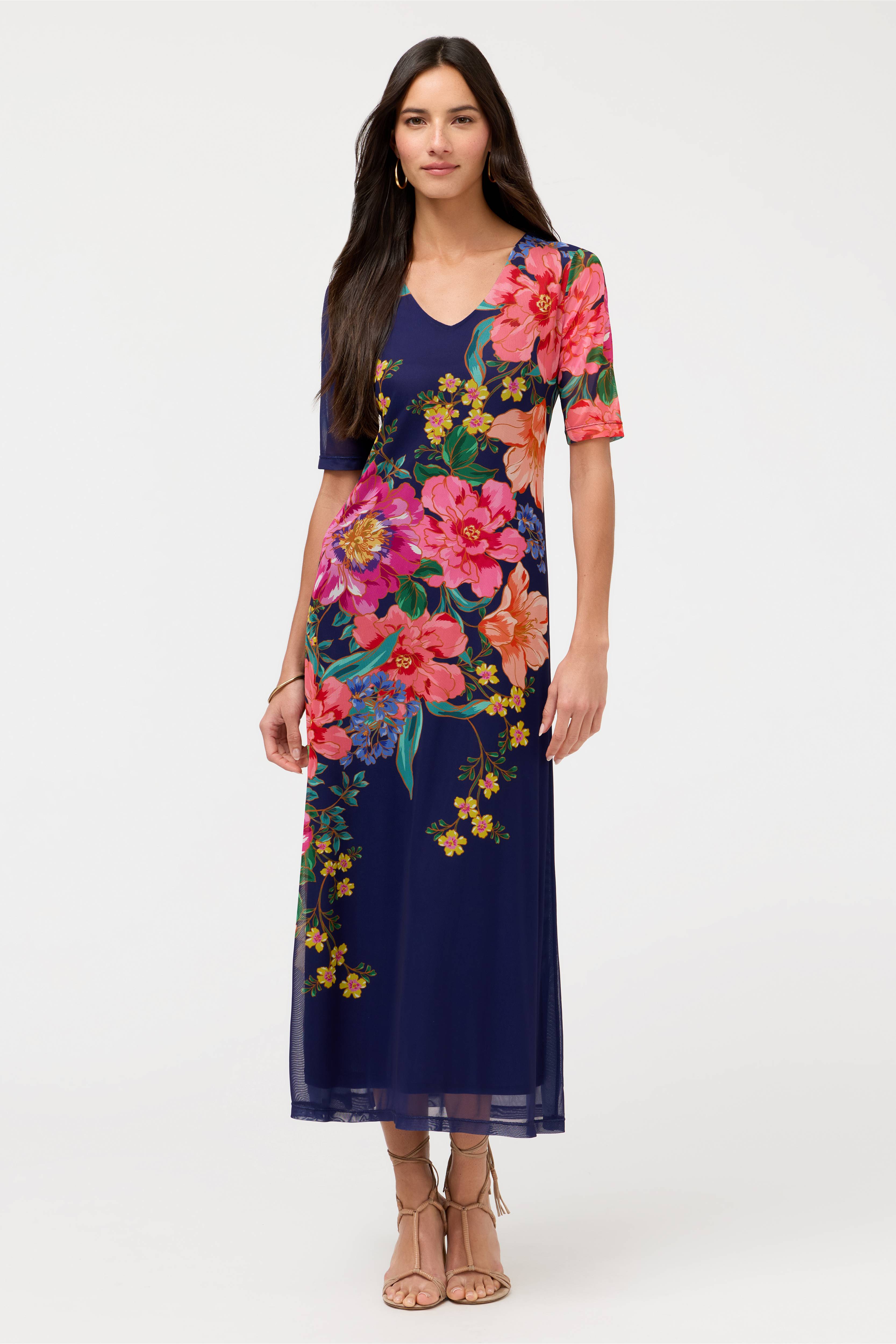 Elbow Sleeve V-Neck Mesh Midi Dress