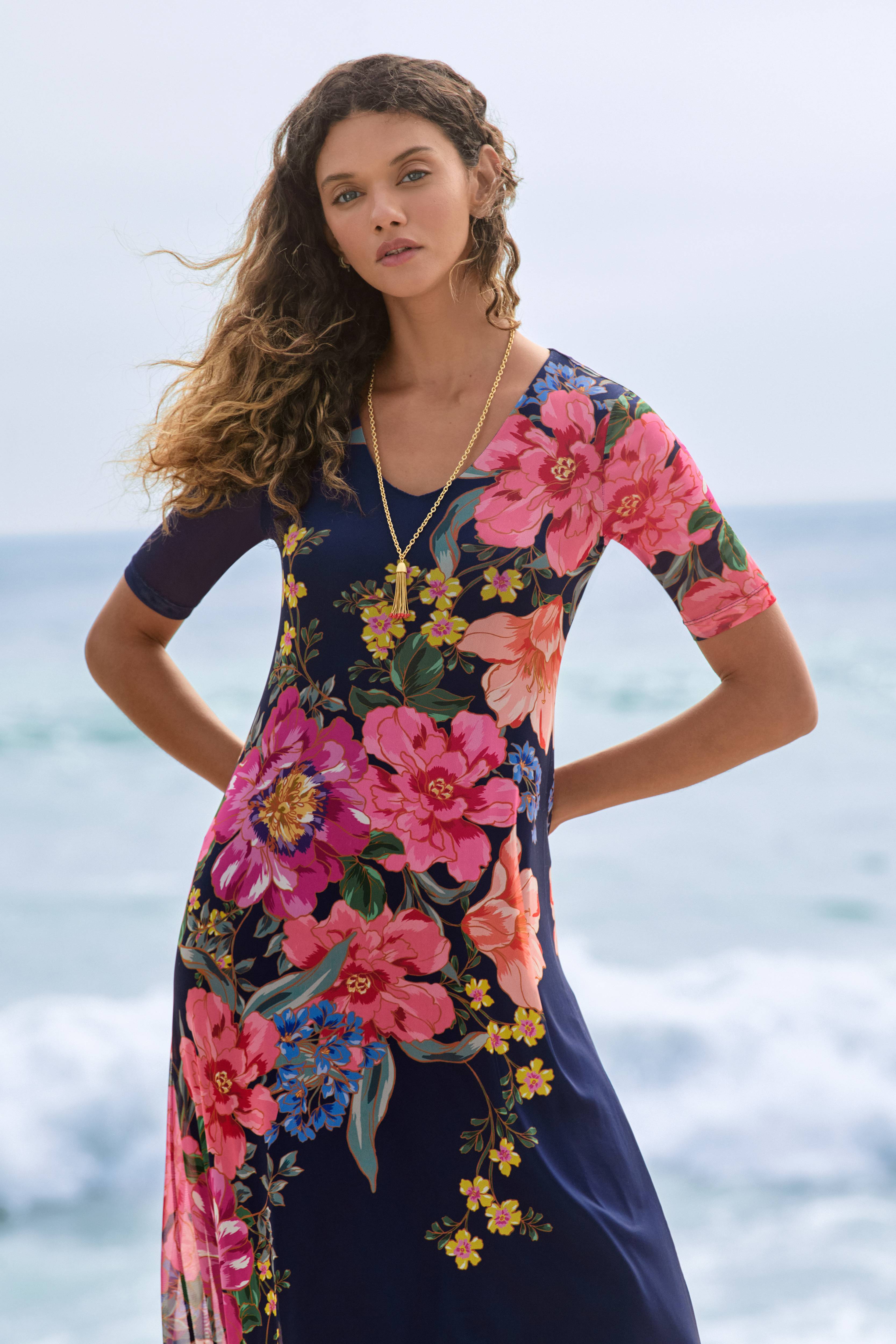 Elbow Sleeve V-Neck Mesh Midi Dress